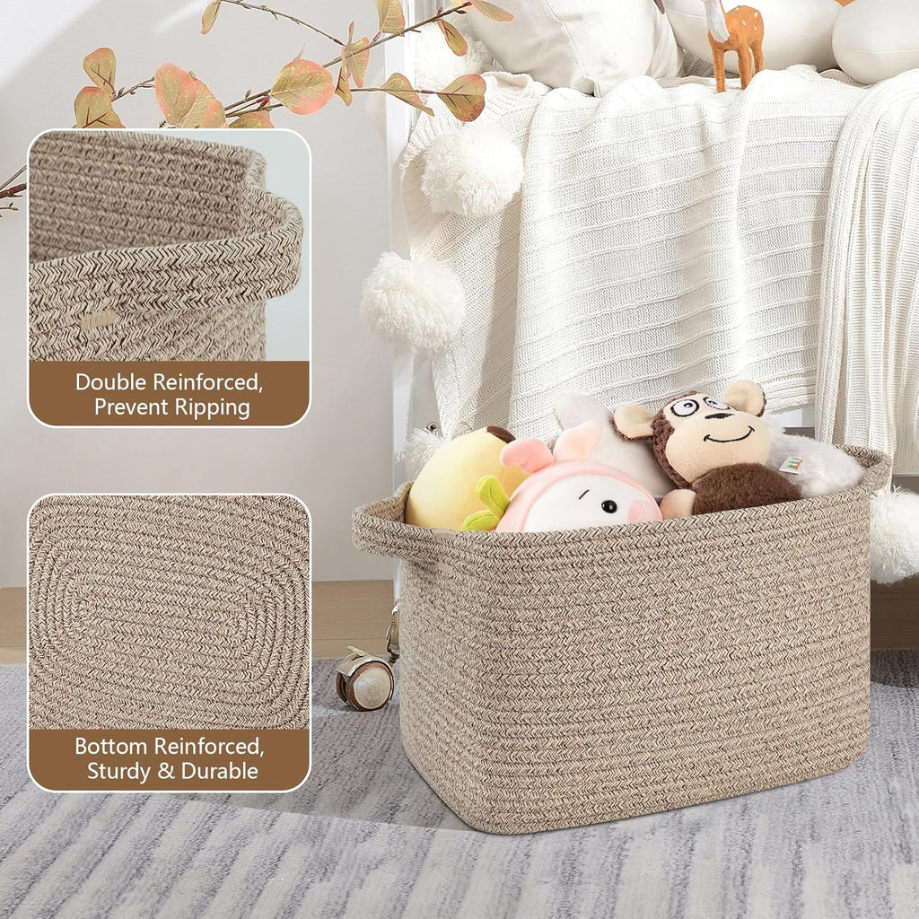 Storage Basket for Organizing, Woven Baskets for Storage, Rectangle Decorative Baskets for Shleves, Closet, Toys, Books, Nursery Organizer Bins - Pack of 3 (Brown, 13"x9.85"x8.7")