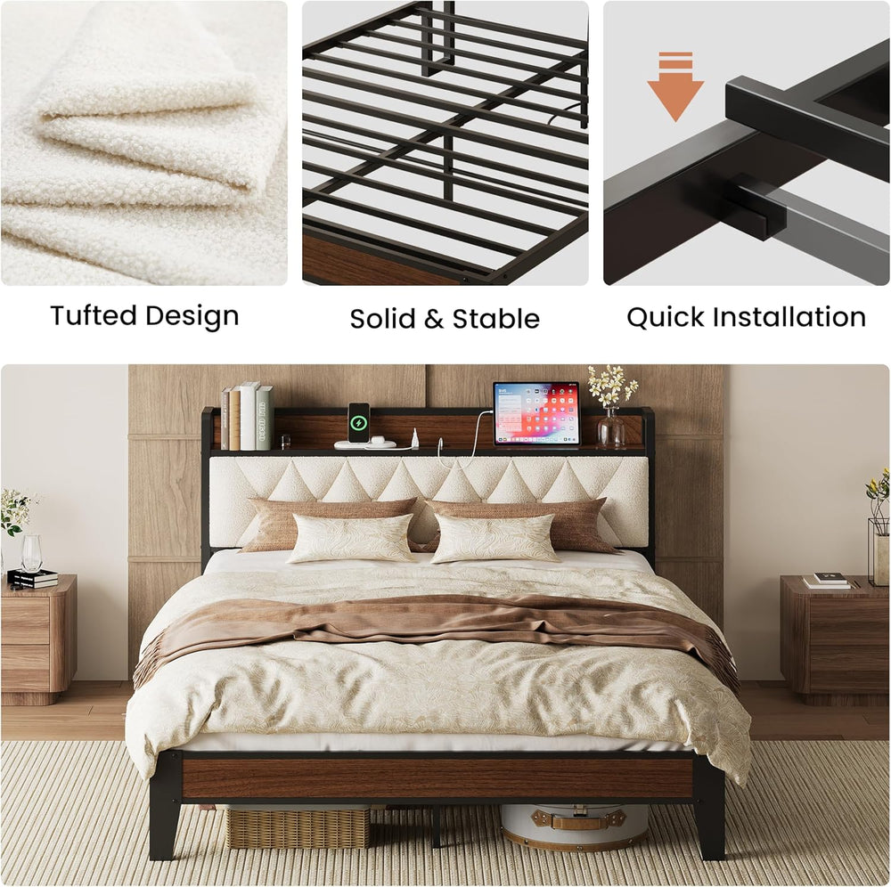 ANCTOR Queen Bed Frame with Headboard & Charging Station,Wood and Cream