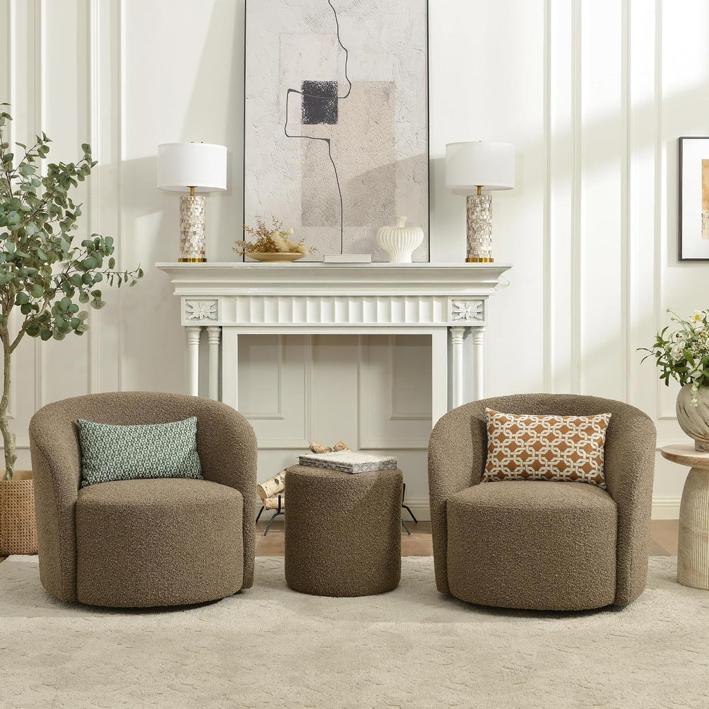 KINWELL 34" W Swivel Barrel Chair Set of 2, Mid Century Modern Round Upholstered Boucle Swivel Accent Chairs, No Assembly Sofa Chair for Living Room Bedroom Reading, Teddy Brown