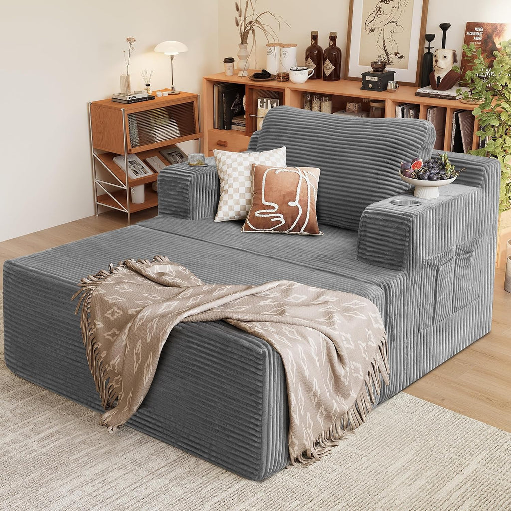 Homall Oversized Chaise Lounge Chair, Cloud Couch with Fluffy Upholstered, Deep Seat Sleeper Sofa Bed with Two Cup Holders, Comfy Boneless Couch No Assembly Required for Living Room, Apartment (Grey)