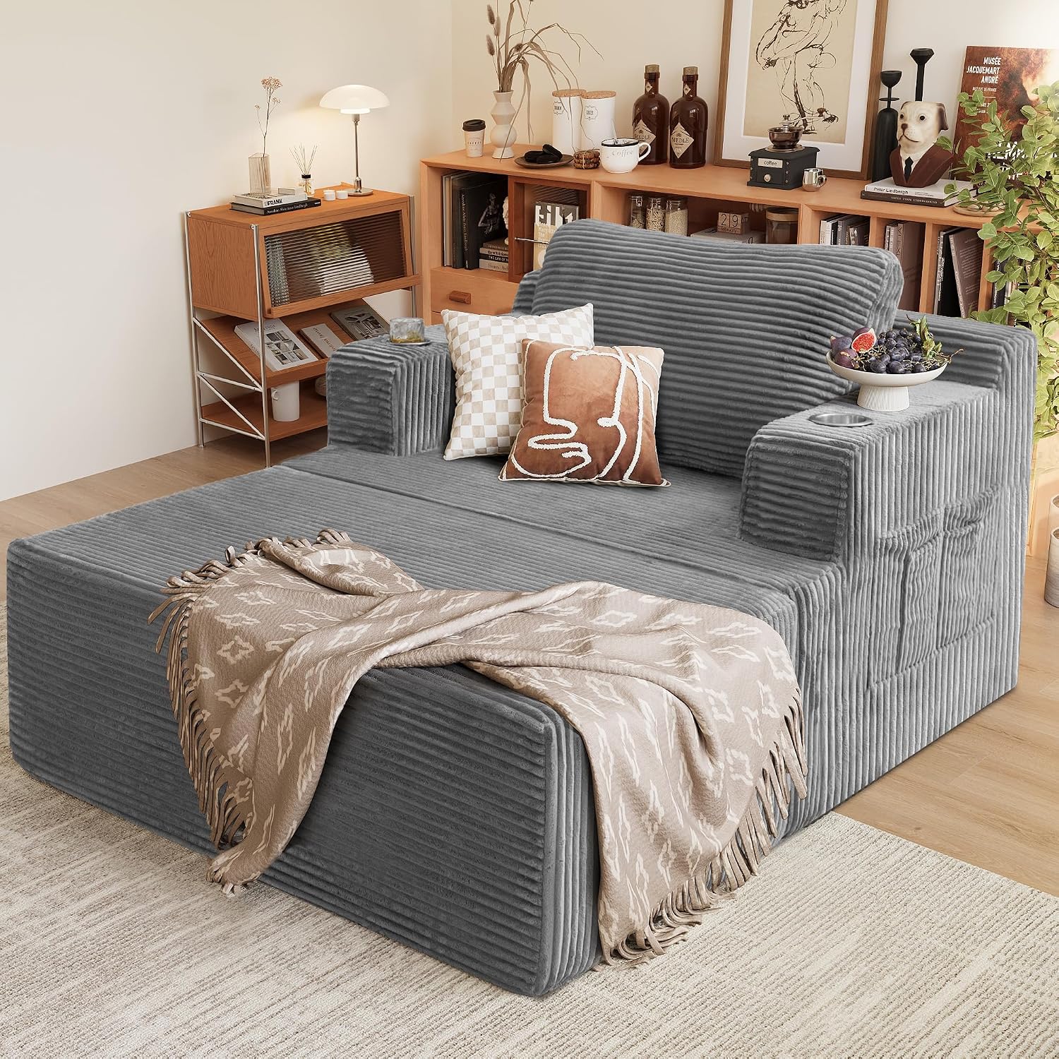Homall Oversized Chaise Lounge Chair, Cloud Couch with Fluffy Upholstered, Deep Seat Sleeper Sofa Bed with Two Cup Holders, Comfy Boneless Couch No Assembly Required for Living Room, Apartment (Grey)