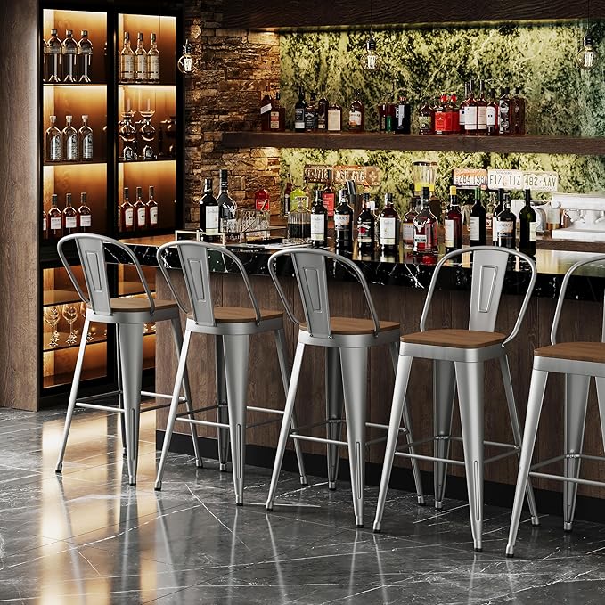 Andeworld Metal Bar Stools Set of 4, 26 inch Counter Height Barstools with Ba...
