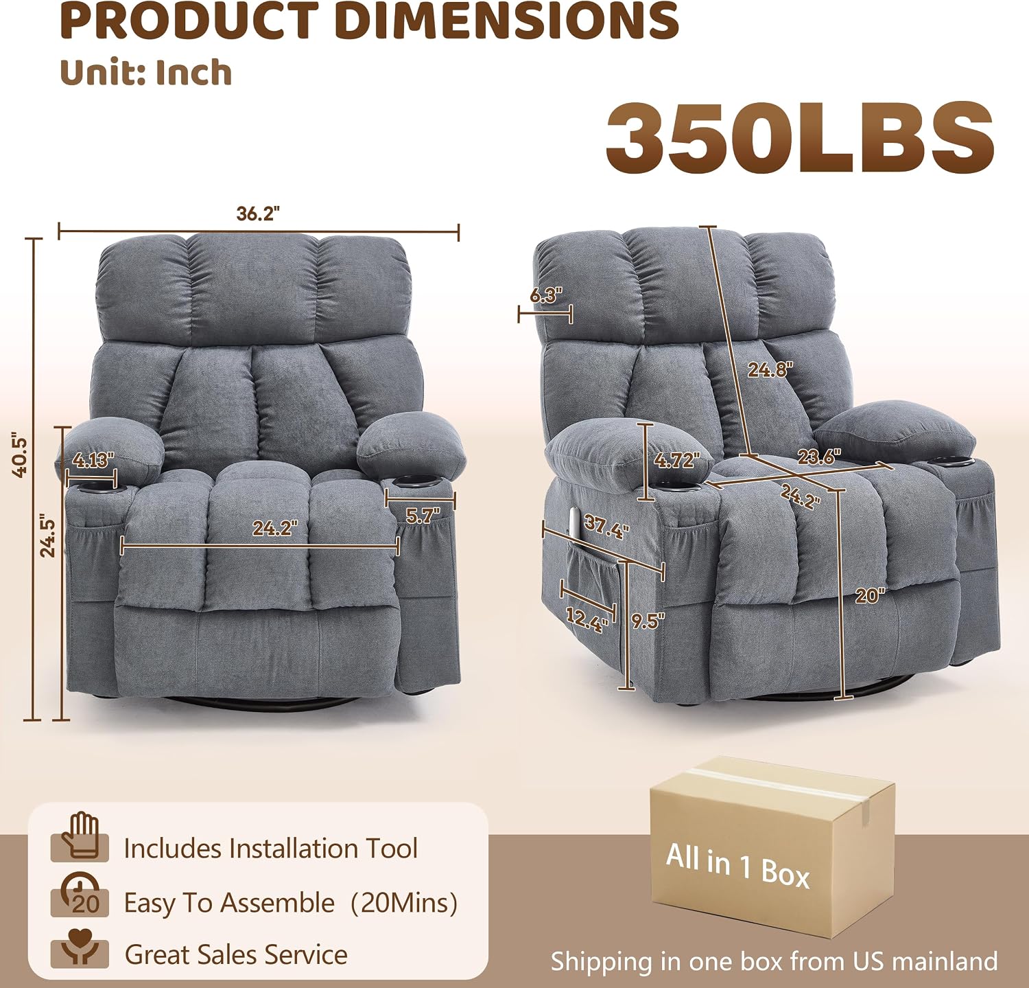 Oversized 360° Swivel Massage Rocker Recliner Chair, Massage & Heat, Grey | Vibration Massage, USB Charge Port, 4 Pockets 2 Cup Holders, Comfy Rocking Recliners for Living Room & Bedroom, Reading Chair