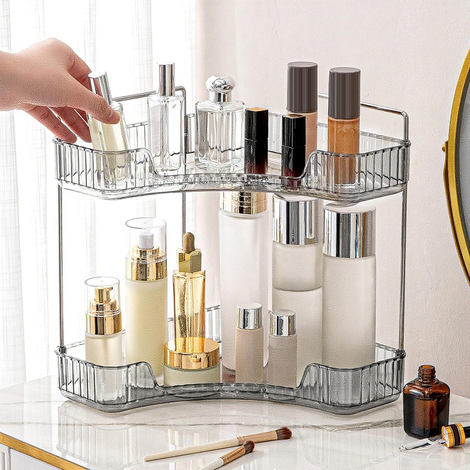 Corner Bathroom Countertop Organizer, 2 Tiers Vanity Trays for Counter, Makeup Organizers, Perfume Tray, Kitchen Spice Rack, Smoky Gray