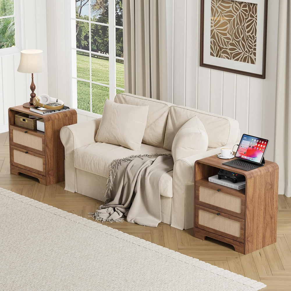 Farmhouse Nightstand with Charging Station, Night Stand with 2 Drawers, Mid-C...