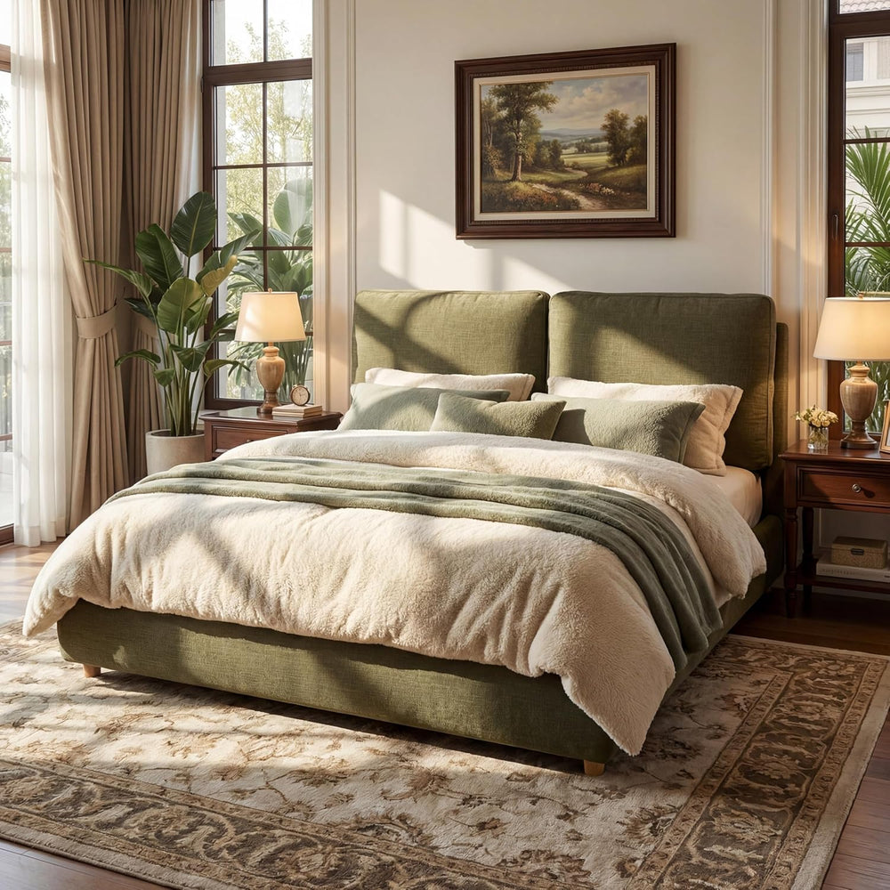 Merax King Linen Blend Platform Bed with 2 Headboard Pillows, Olive Green