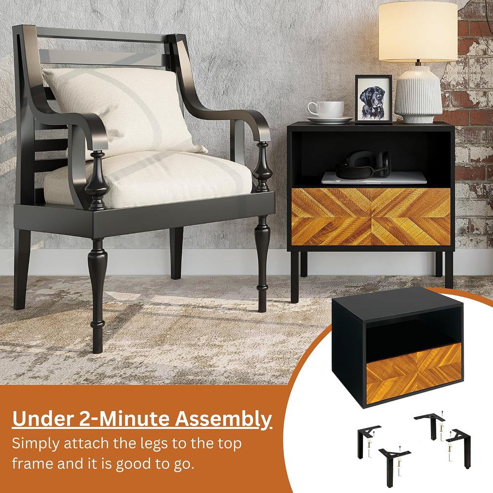 Bme Vivian Solid Wood Nightstand, End Table, Bedside Table with Herringbone P...