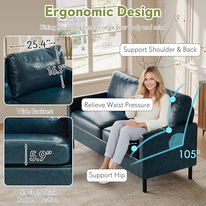 STHOUYN 57" W Faux Leather Loveseat w/ 2 USB, Small Loveseat Sofa w/Side Pockets, Wooden Frame Small Couch w/Metal Legs, Office Mini Couch for Dorm, Bedroom, Apartment (Blue, 2 Seater)