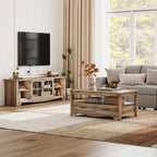 LINSY HOME TV Stand for 75 Inch TV, Modern Farmhouse Entertainment Center with Storage Cabinets and Glass Doors, Tall Media Console Table for Living Room, Bedroom, Large Long Television Stand, Brown