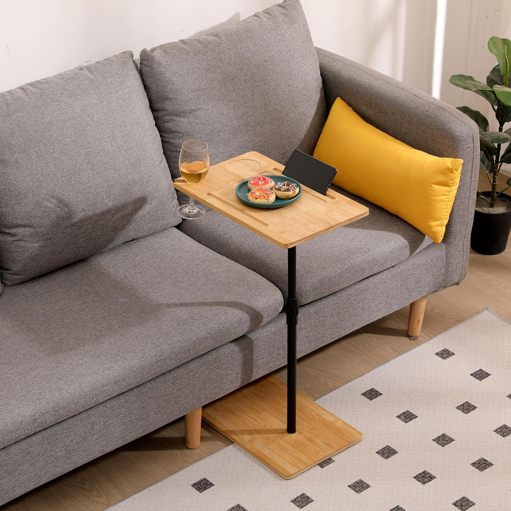 Bamboo Couch Tray Table Height Adjustable C-Shaped End Table with Slots 2 Tie...