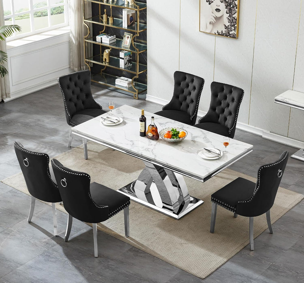 7 Piece Dining Table Set with Chairs, Faux Marble Dining Table and Black Chai...