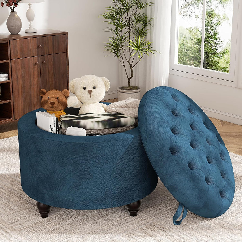 24 Inch Round Storage Ottoman,Modern Tufted Ottomans,Circular Coffee Table with Removable Top,Upholstered Large Ottoman with Storage Footrest Stool for Bedroom Living Room (Blue)