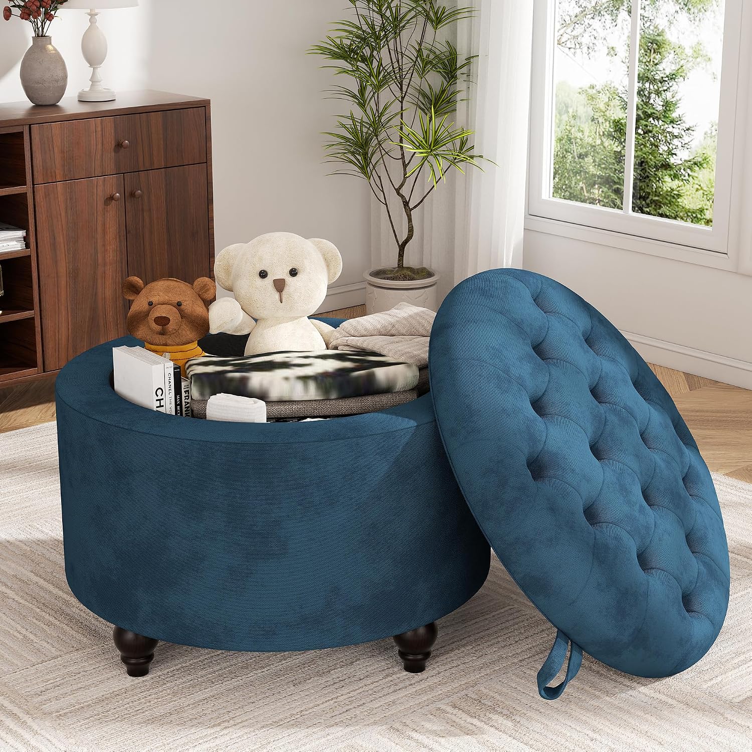 24 Inch Round Storage Ottoman,Modern Tufted Ottomans,Circular Coffee Table with Removable Top,Upholstered Large Ottoman with Storage Footrest Stool for Bedroom Living Room (Blue)