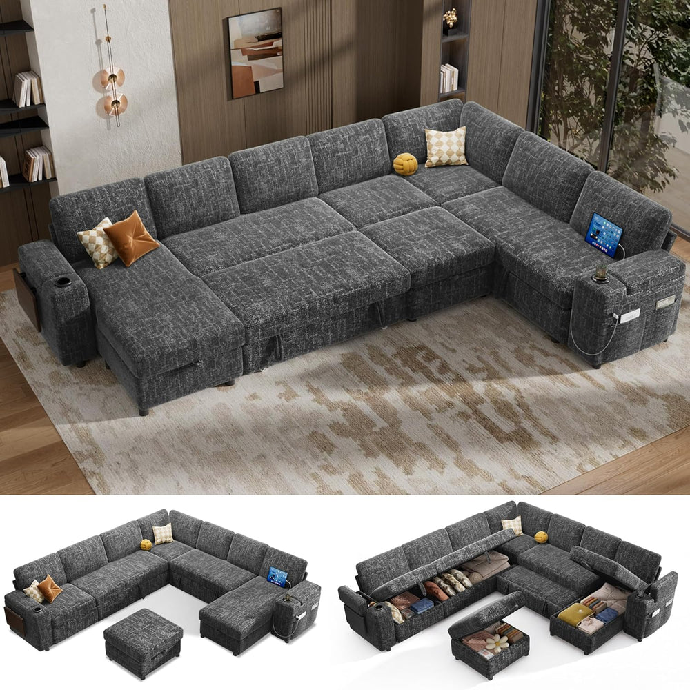 Vipbear 130" Modular Sectional Sleeper Sofa with Pull Out Bed, 9 Seat Ch...