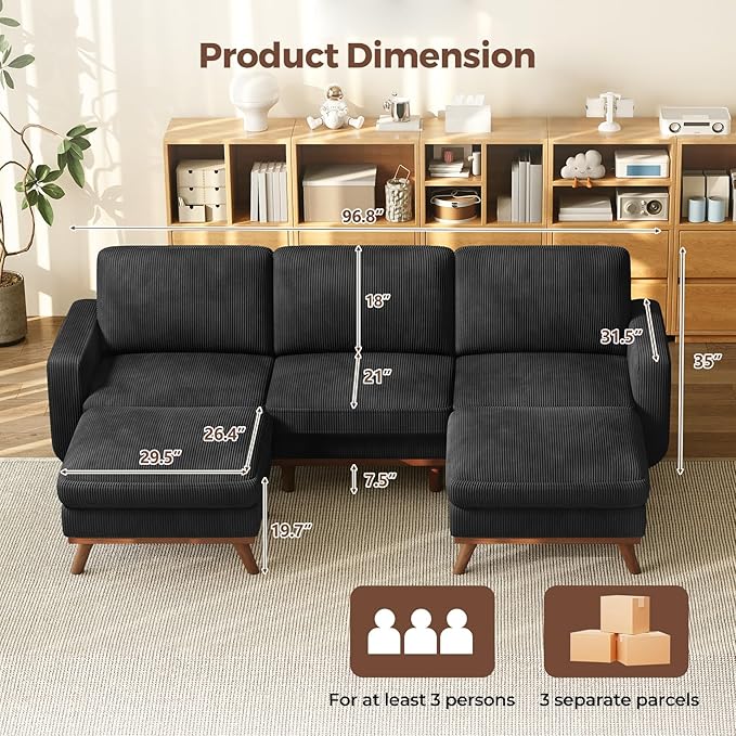 Vesgantti 97" Modular Sectional Sofa Black, U-Shaped Couch with Movable Ottoman, Comfy Corduroy Couch with Spring Cushion, Modular Sofa with Deep Seat for Living Room, Bedroom and Apartment