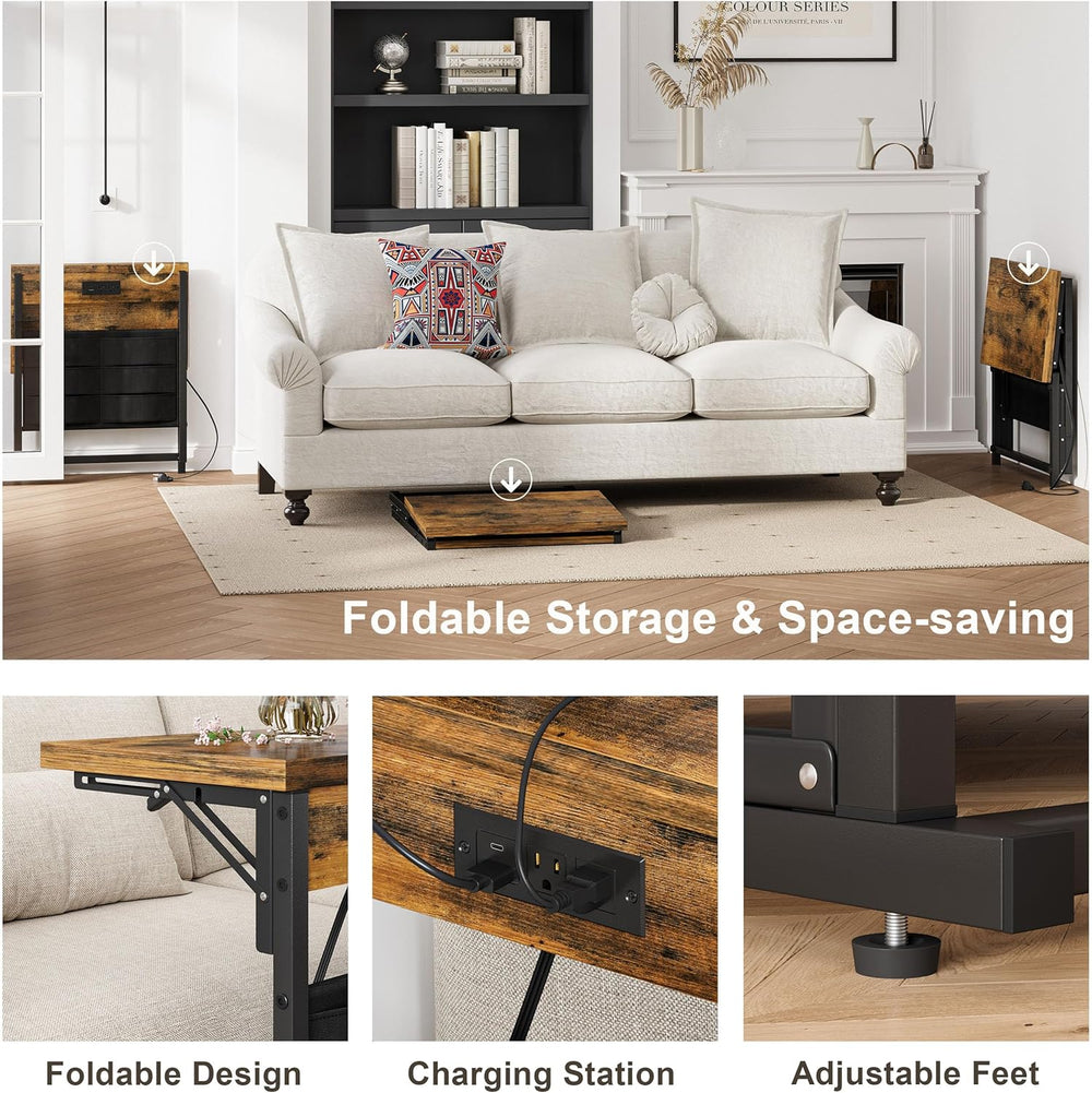 Foldable C-Shaped Table with Charging Station, Folding TV Tray End Table for ...