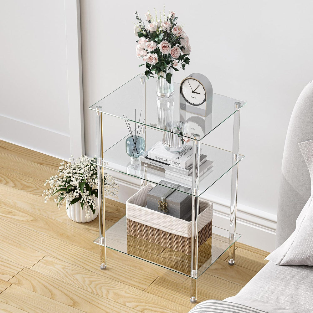 Tempered Glass Side Table, Acrylic End Table, 3-Tier Transparent Nightstand, ...