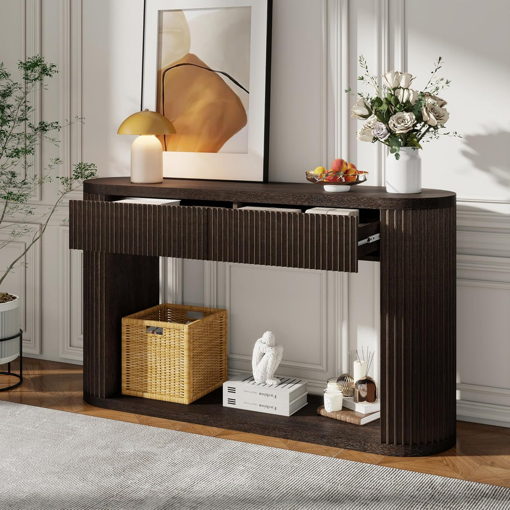 WILLIAMSPACE 53" Oval Fluted Console Table with 2 Drawers & Storage ...