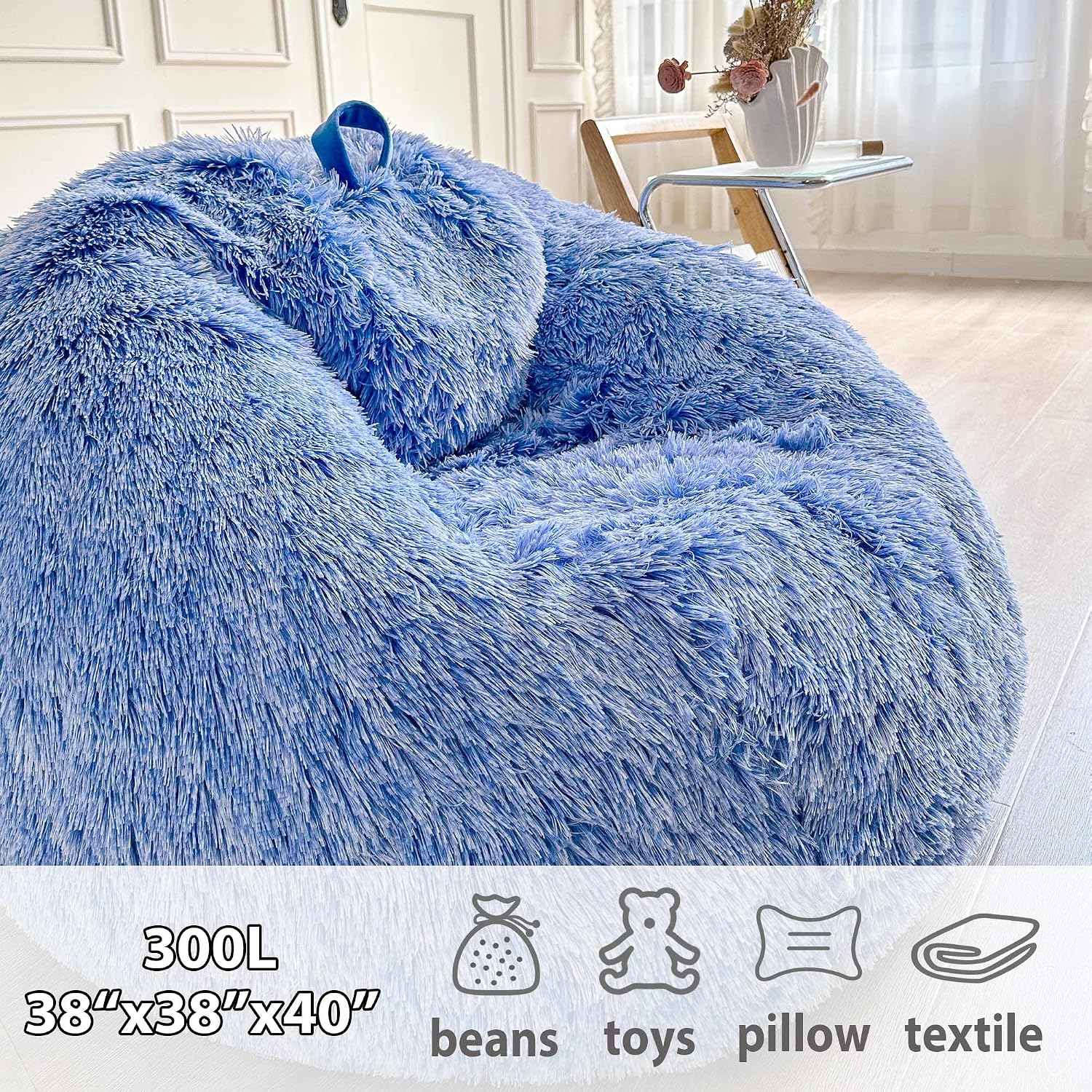 LIFEREVO Fluffy Faux Fur Bean Bag Chair Cover Blue (No Filler), Ultra-Soft Stuffed Animal Storage Bean Bag Kids Adults, Premium Anti-Slip Furry Beanbag Cover for Plush Toys Memory Foam (Ombre Blue)