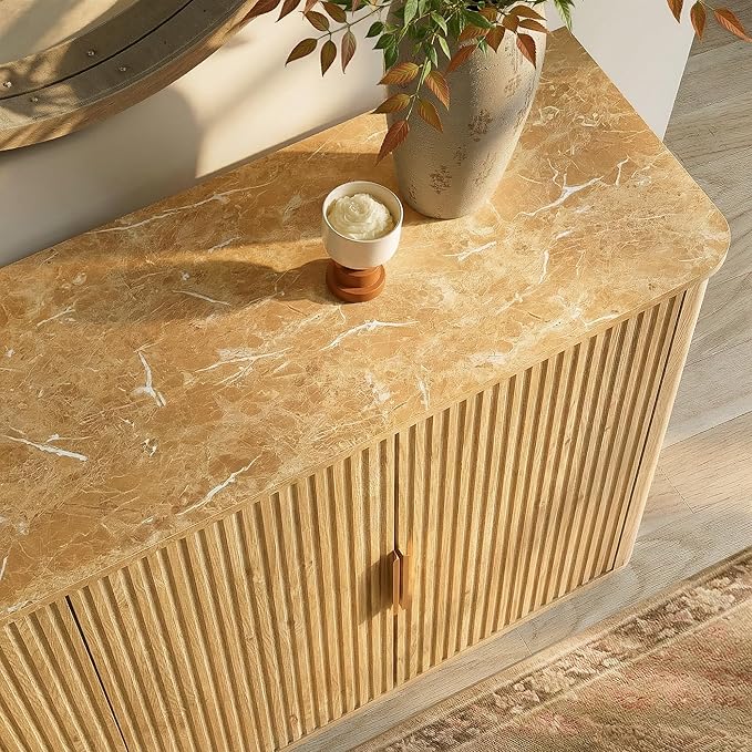 win2win 63" Fluted Sideboard Buffet Cabinet with Storage, Modern Credenza with Faux Marble Top, Curved Corners, Wood Boho Media TV Console Accent Cabinet for Living Room Kitchen Hallway, Oak