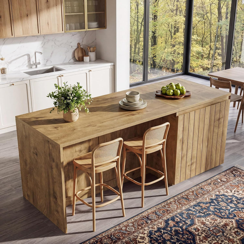 Tribesigns 71 Inch Stationery Kitchen Island with Double Door Storage Cabinet, 35.4" Counter Height Bar Table with Inner Shelves, Farmhouse Kitchen Work Island, Brown