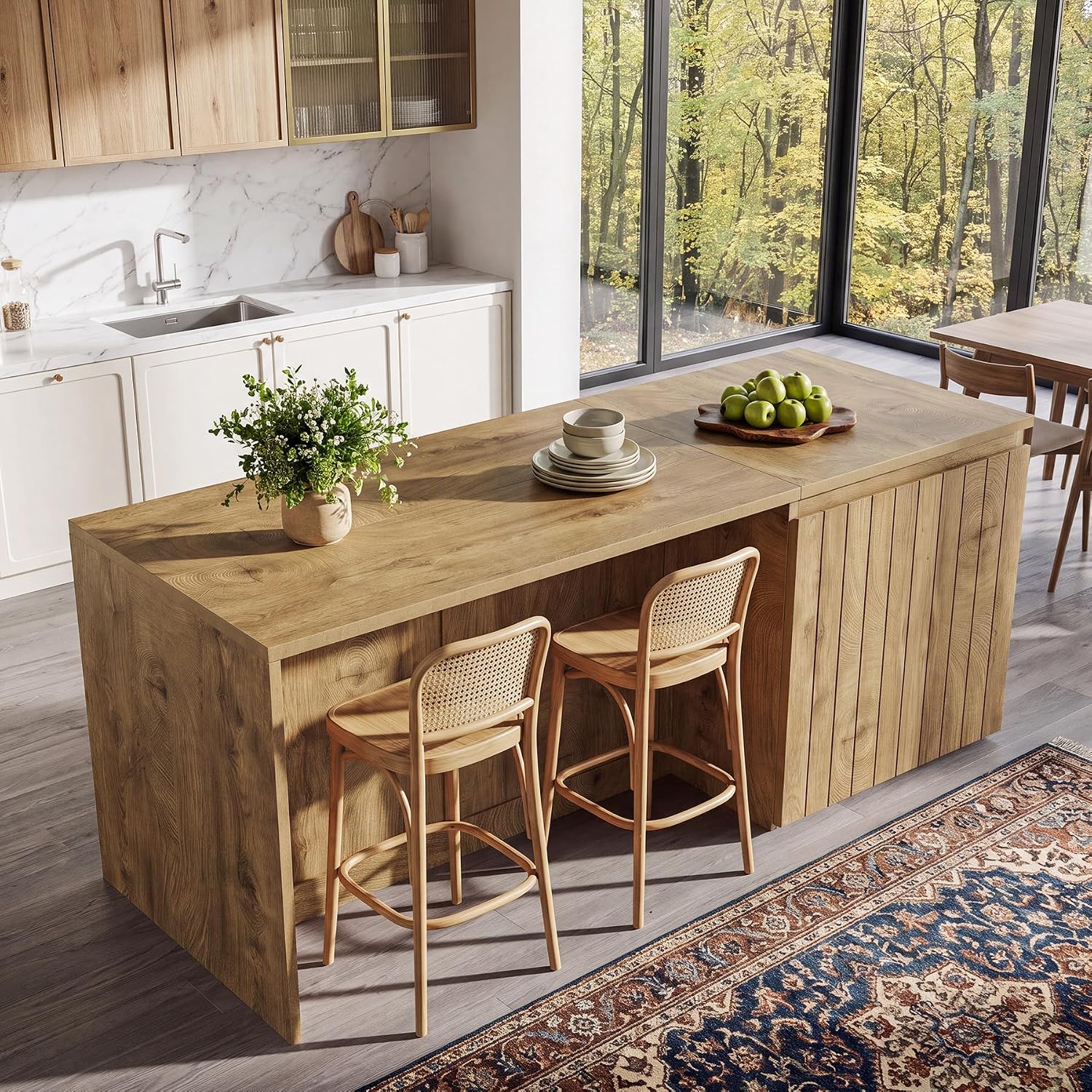 Tribesigns 71 Inch Stationery Kitchen Island with Double Door Storage Cabinet, 35.4" Counter Height Bar Table with Inner Shelves, Farmhouse Kitchen Work Island, Brown