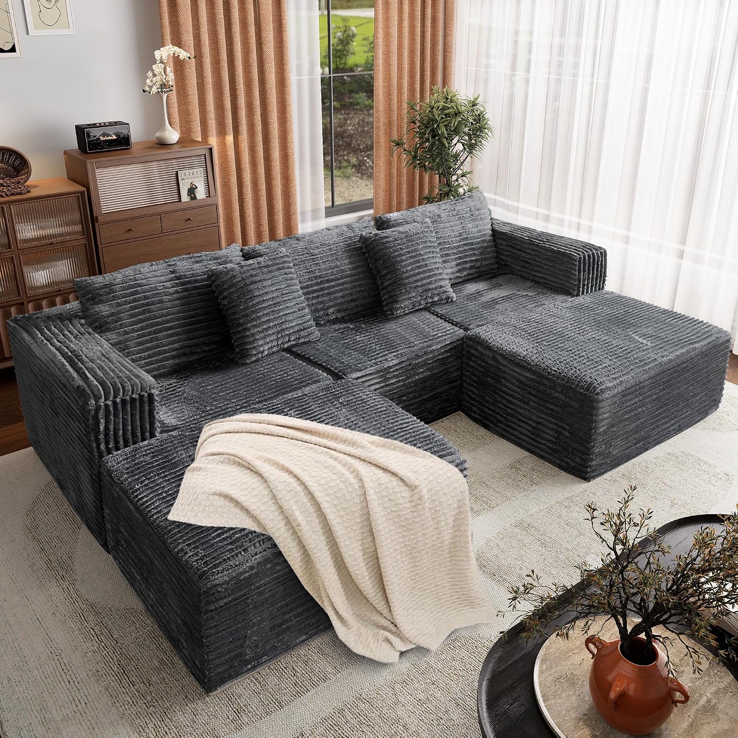 110 Corduroy Modular Sectional Boneless Sofa with 2 Ottomans, Convertible Cloud Couch with Deep Seats, Fluffy Memory Foam U Shaped Couch for Living Room, No Assembly Required (Gray)