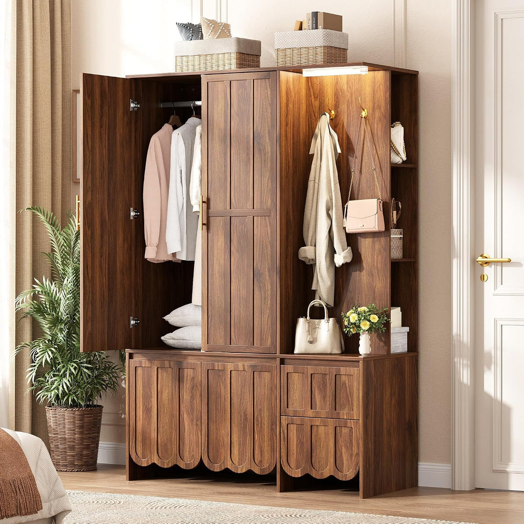 Armoire Wardrobe Closet with 2 Drawers, 3 Open Shelves, Sensor Light, 71” Tall Bedroom Armoire with Hanging Hooks and 2 Doors, Modern Fluted Wooden Closet Combination with Large Storage, Walnut