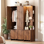 Armoire Wardrobe Closet with 2 Drawers, 3 Open Shelves, Sensor Light, 71” Tall Bedroom Armoire with Hanging Hooks and 2 Doors, Modern Fluted Wooden Closet Combination with Large Storage, Walnut