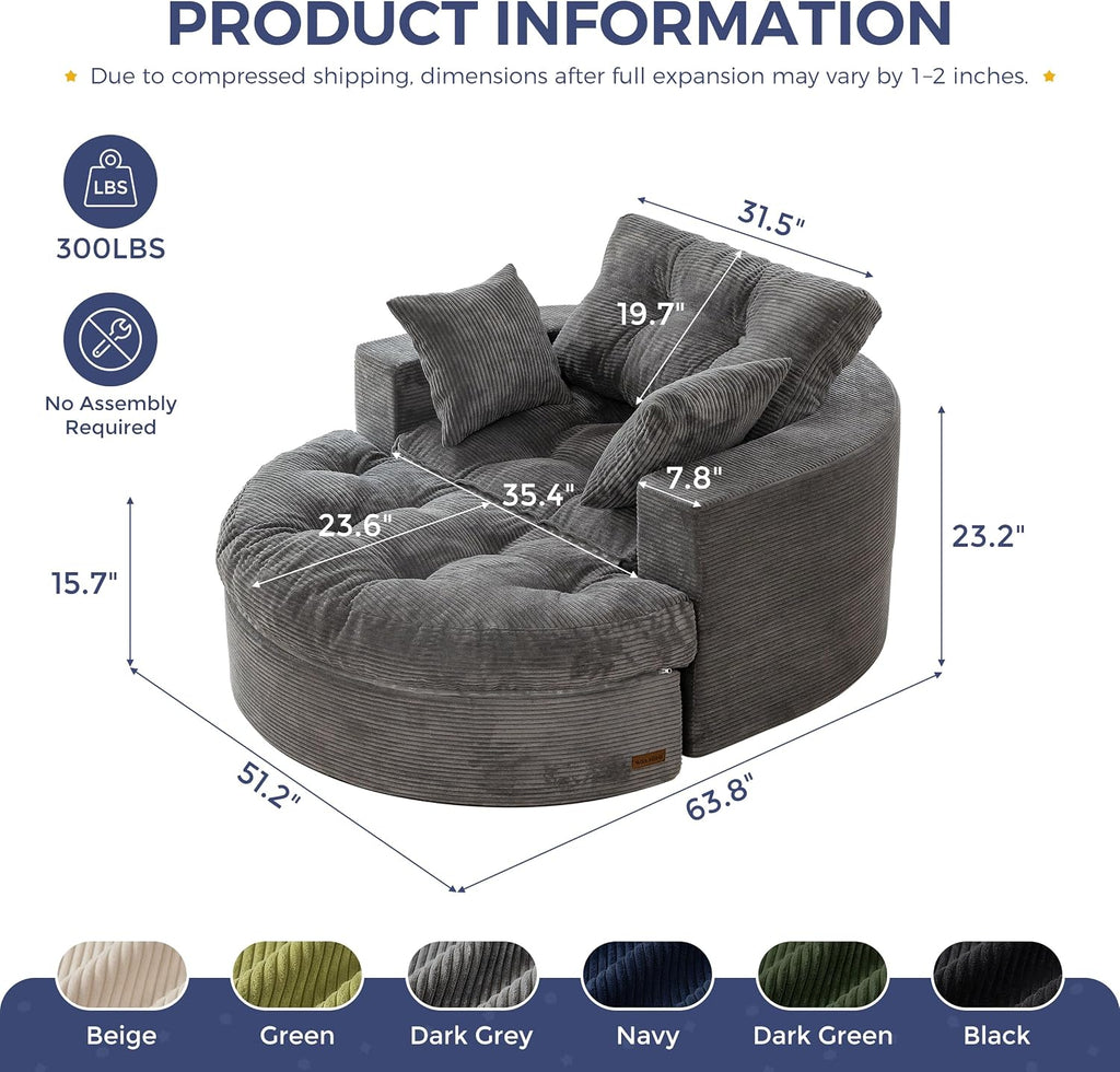MAXYOYO Oversized Round Chaise Lounge Sofa, Upholstered Lounge Chair with 3 Pillows, Boneless Sofa Couch with Ottoman, Deep Seat Chair for Living Room, Bedroom, No Assembly, Dark Grey