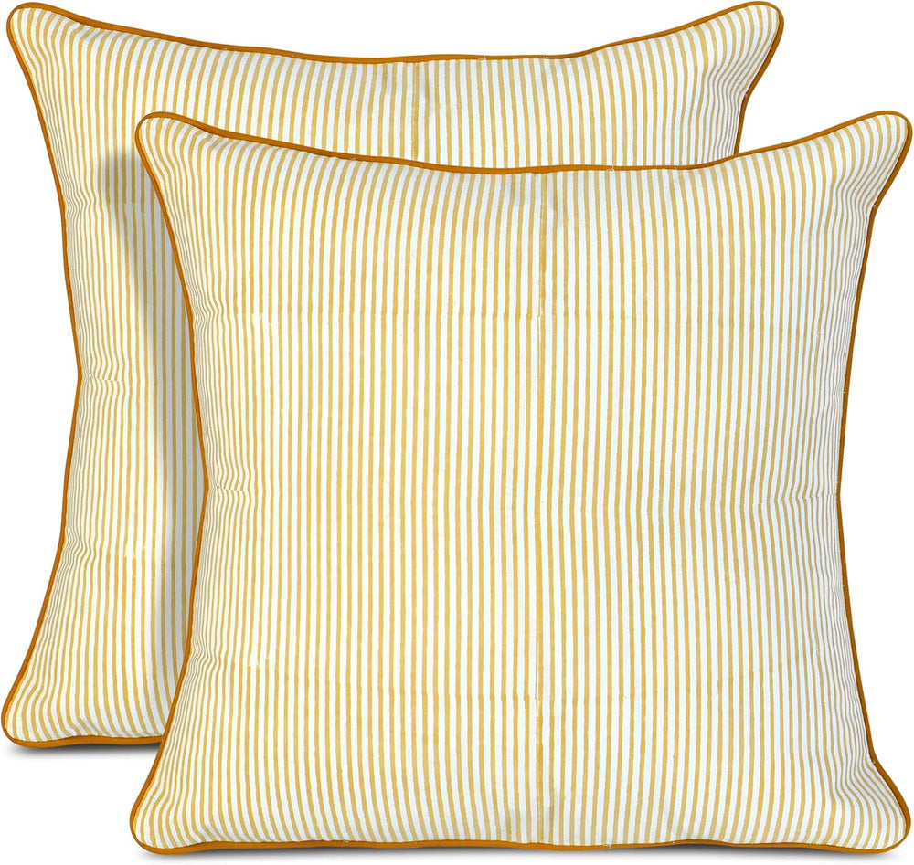 Ridhi Yellow Stripe Hand Block Print Pillow Covers 18x18 Set of 2
