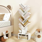 Hoctieon 6 Tier Tree Bookshelf, Tall Bookcase with Drawer, Freestanding Book Shelf, Display Floor Standing Storage Shelf, Book Organizer Shelves for Home Office, Living Room, Bedroom, White