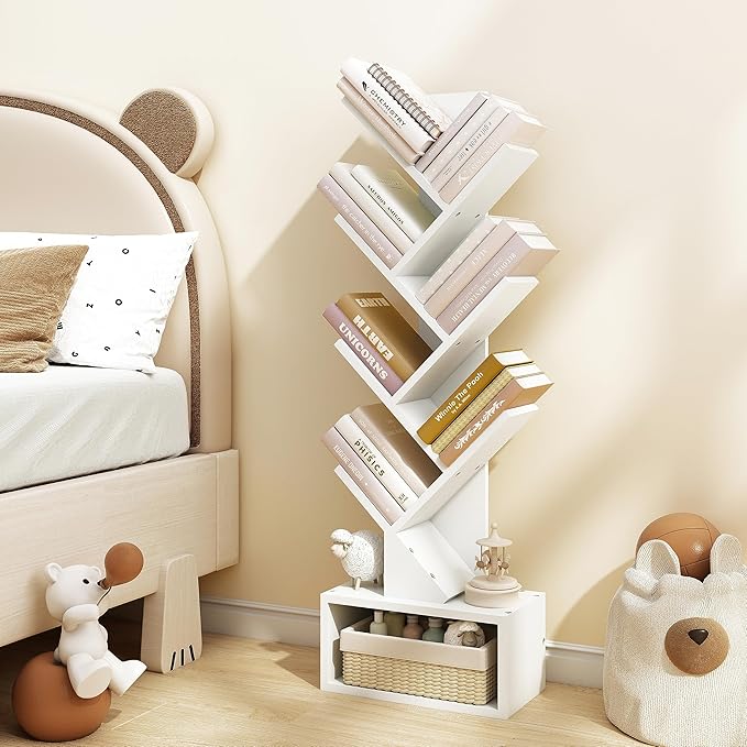 Hoctieon 6 Tier Tree Bookshelf, Tall Bookcase with Drawer, Freestanding Book Shelf, Display Floor Standing Storage Shelf, Book Organizer Shelves for Home Office, Living Room, Bedroom, White