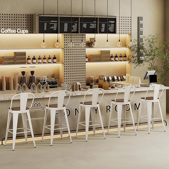 Andeworld Metal Bar Stools Set of 4, 26 inch Counter Height Barstools with Backs Farmhouse Modern High Back Bar Stools with Larger Seat Kitchen Dining Bar Chairs,Off White