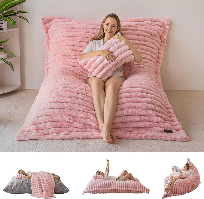 MAXYOYO Giant Bean Bag Chair with Pillow, 3 in 1 Convertible Bean Bag Chair for Adults with Removable Cover, Floor Cushion Stuffed Floor Lounger for Living Room Bedroom, Pink