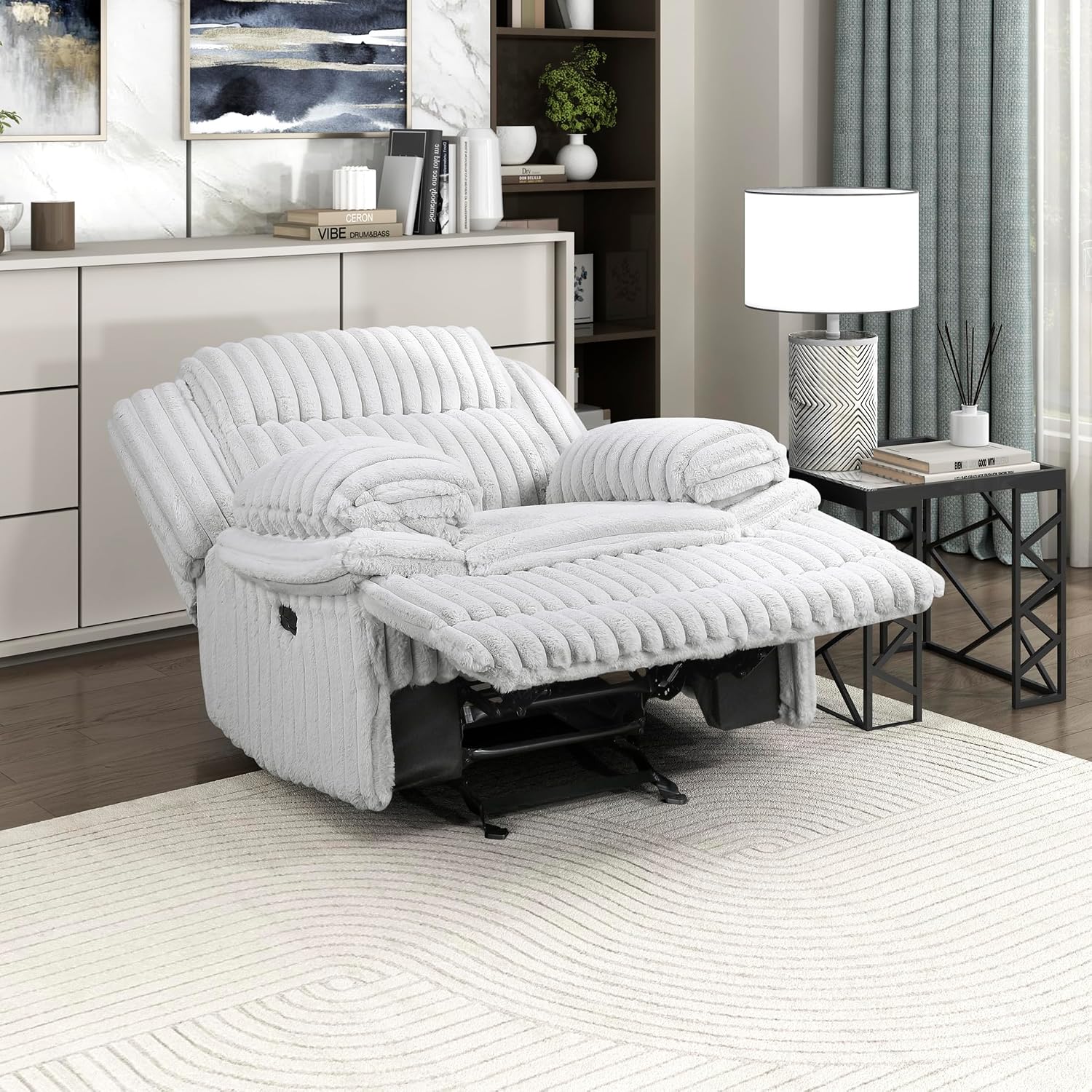 Lexicon Manual Glider Recliner Chair, Corduroy Manual Tab Pull Reclining Chair with Pillow Top Arms, Plush Cushions, Cozy Theater-Style Accent for Living Room/Bedroom, Easy Assembly, Gray