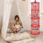 Libeder Stuffed Animal Storage Mesh Hanging Storage Space Saver Bags Organizer,Foldable Storage Organizer 4 Compartments Toy Net Storage Basket for Kids Room Bathroom 2 Sets Red