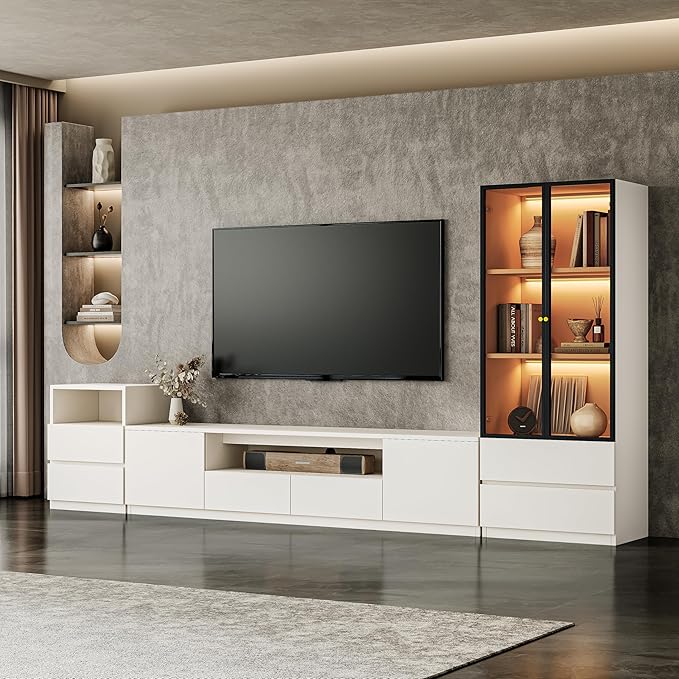 122" White Modern Entertainment Center for 55/60/65/75/85 inch TV, Included TV Console, Lighted Glass Display Cabinet And Nightstand, 3-Piece Media Table for Living Room (ABC-122" Cabinets Set)