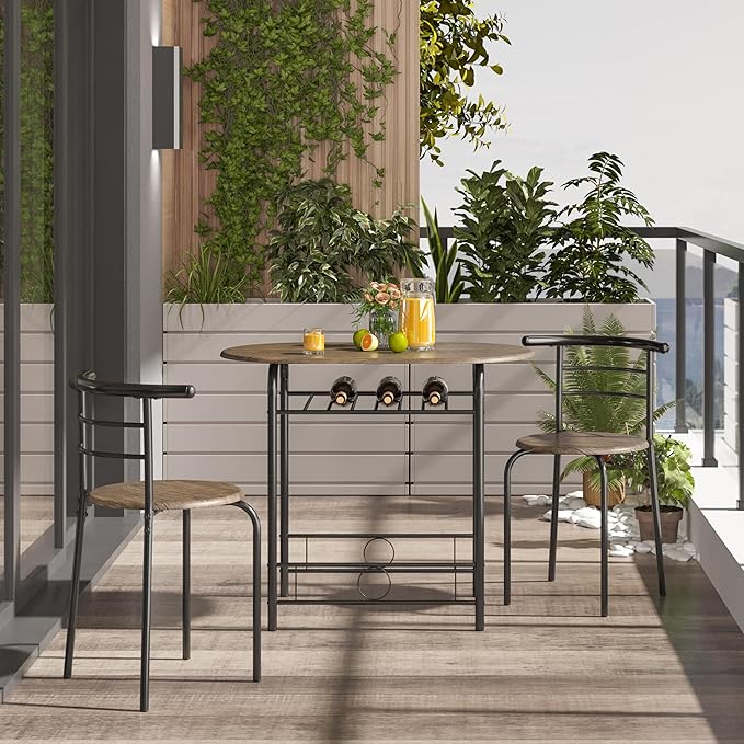 Yaheetech 3 Piece Dining Table Set, Kitchen Table & Chair Sets for 2, Compact Bistro Table Set with Steel Legs, Built-in Wine Rack for Small Space, Apartment, Breakfast Nook, Drift Brown