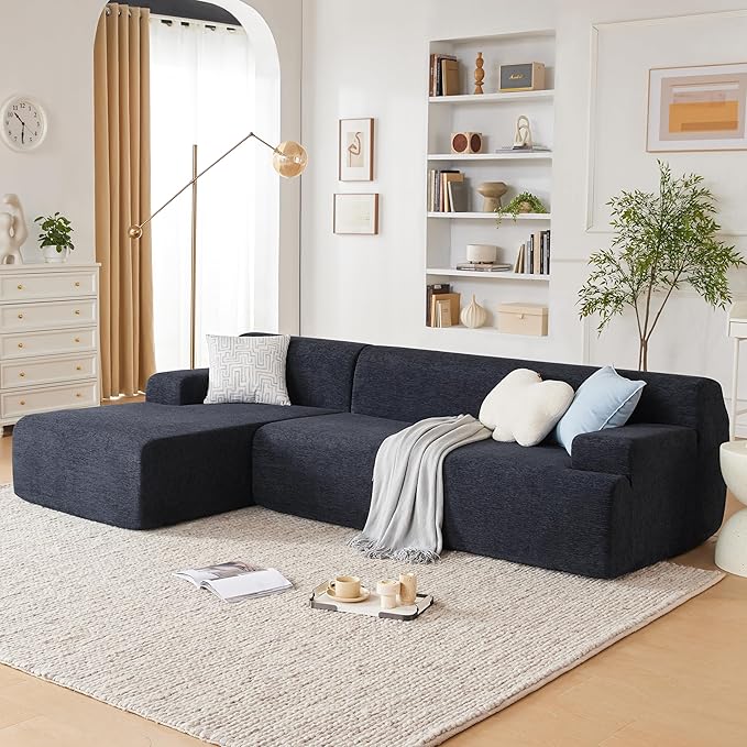 107" Modular Sectional Cloud Couch, Boneless couches Sponge sectionals for Living Room, High Density Sponges Sofa, Modular L-Shape with Chaise, Black