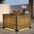 ovios Outdoor Side Table with Tempered Glass Top, Patio Wicker Solar Table, Rattan Bistro End Table for Porch Deck Balcony Garden Poolside, Mixed Brown