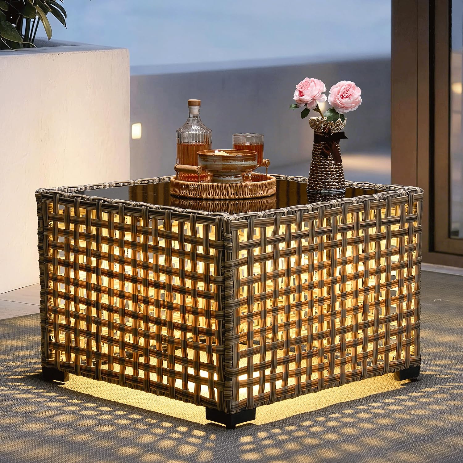 ovios Outdoor Side Table with Tempered Glass Top, Patio Wicker Solar Table, Rattan Bistro End Table for Porch Deck Balcony Garden Poolside, Mixed Brown