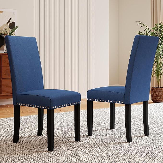 LSSPAID Dining Chairs Set of 6, Fabric Upholstered Dining Room Parson Chair with Nailhead Trim and Solid Wood Legs for Home and Kitchen, Blue