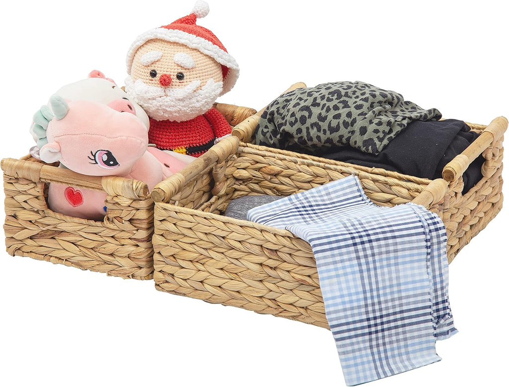 VATIMA Hyacinth Small Wicker Basket 11.6x8.1x4.9" - Bathroom Organizer, Wooden Handle, Decorative Storage
