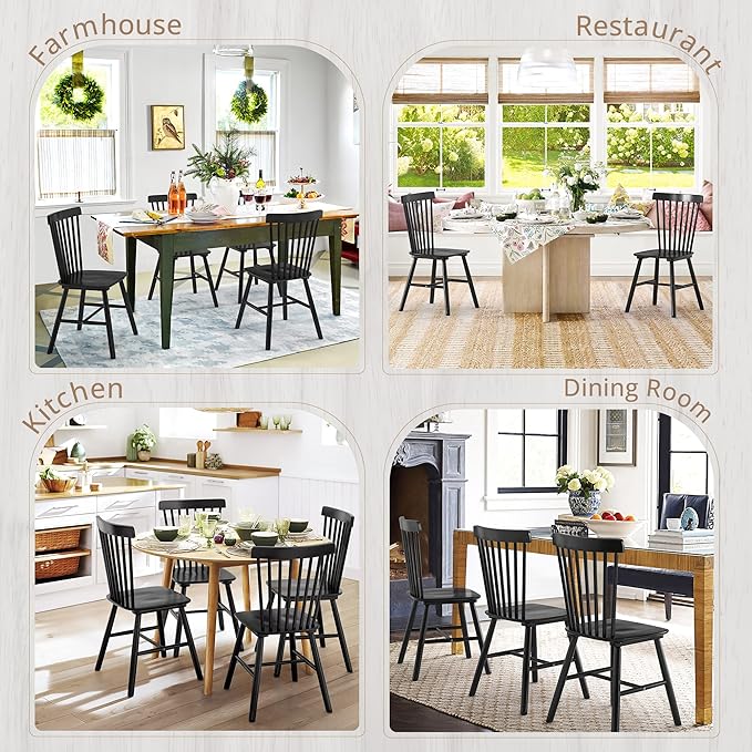 LUE BONA Windsor Dining Chair, Dining Chairs Set of 8, Spindle Back Wood Dining Chair, Kitchen Chairs Wooden, Farmhouse Dining Chairs for Kitchen and Dining Room, Black