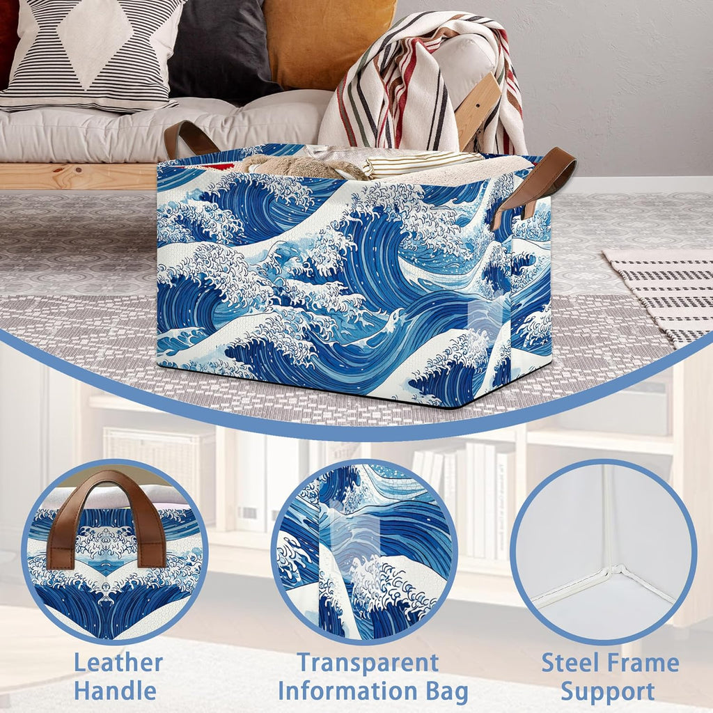 Ocean Wave Storage Baskets,Japanese Foldable Organizer Bin with Handles for Home Living Room Bedroom Closet Box 17x11.5x10Inch