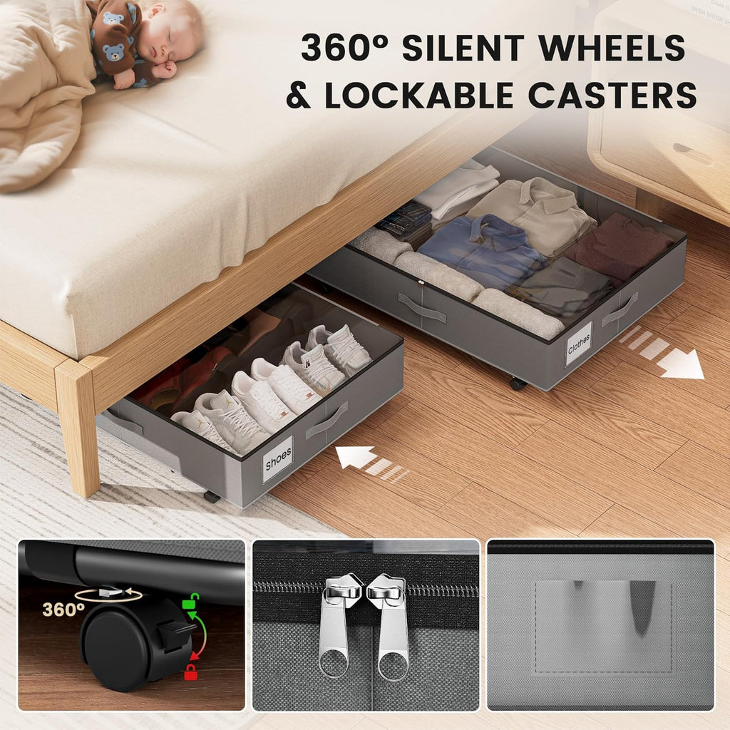 XXXL 78L Under Bed Storage with Wheels, Rolling Storage Containers with Support & Clear Lid, Heavy-Duty Metal Frame, Easy Pull-out, Underbed Storage Bins for Clothes, Shoes, Blankets, and Toys 2 pack
