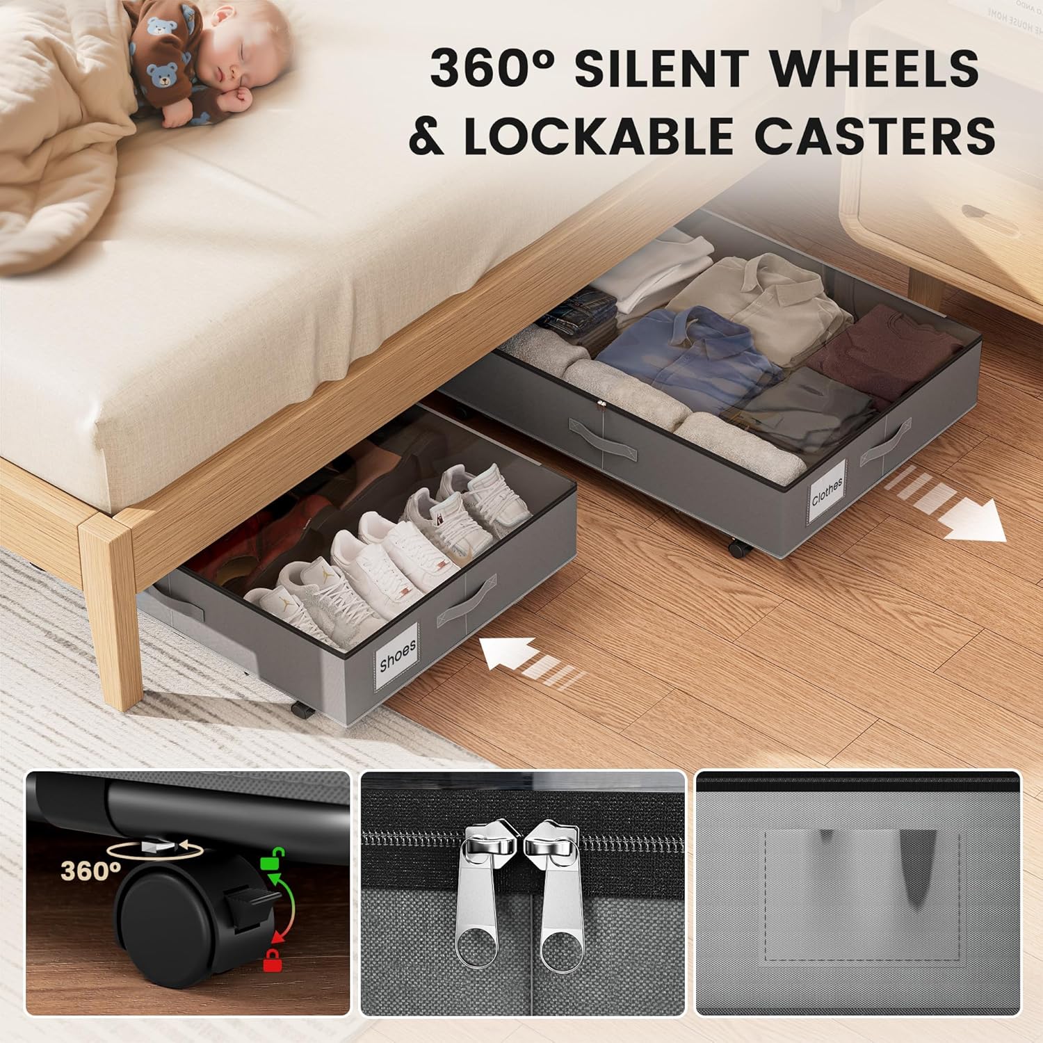 XXXL 78L Under Bed Storage with Wheels, Rolling Storage Containers with Support & Clear Lid, Heavy-Duty Metal Frame, Easy Pull-out, Underbed Storage Bins for Clothes, Shoes, Blankets, and Toys 2 pack
