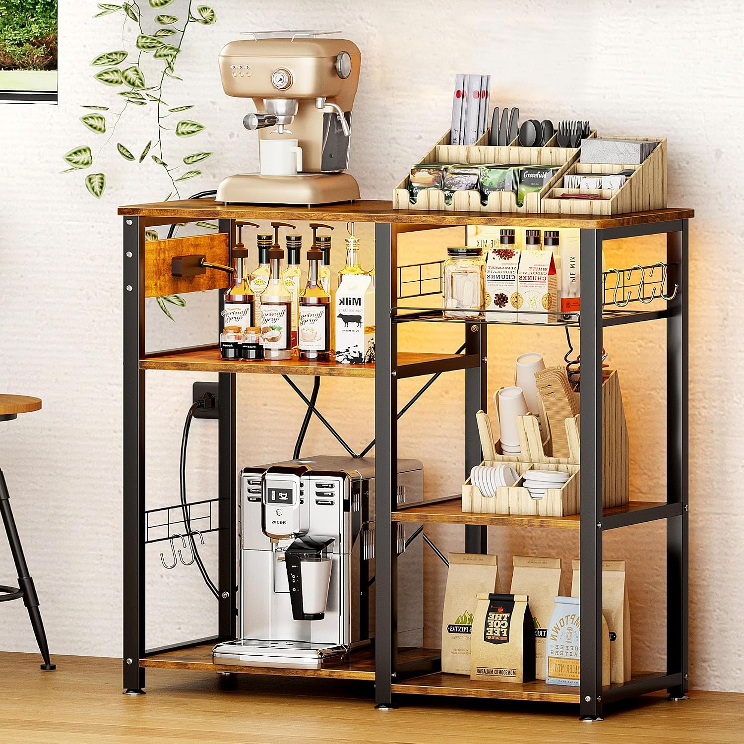 SogesPower 3-Tier Kitchen Baker's Rack Microwave Stand Storage Rack,Multifunctional Storage Shelf Organizer with USB Ports and Charging Station Outlets is Suitable for Kitchen,Living Room and Corridor