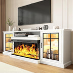 MXV 80'' Fireplace TV Stand, Farmhouse Entertainment Center with 3 Sided Glass TV Stand, Modern Media Console Table with Storage Drawers & Cabinets with LED Flame and Lights for Living Room, White